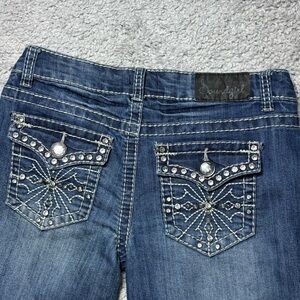 Soundgirl Jeans Womens 9 Flare Low Rise Big Stitch Rhinestones Cross Glitz Rodeo